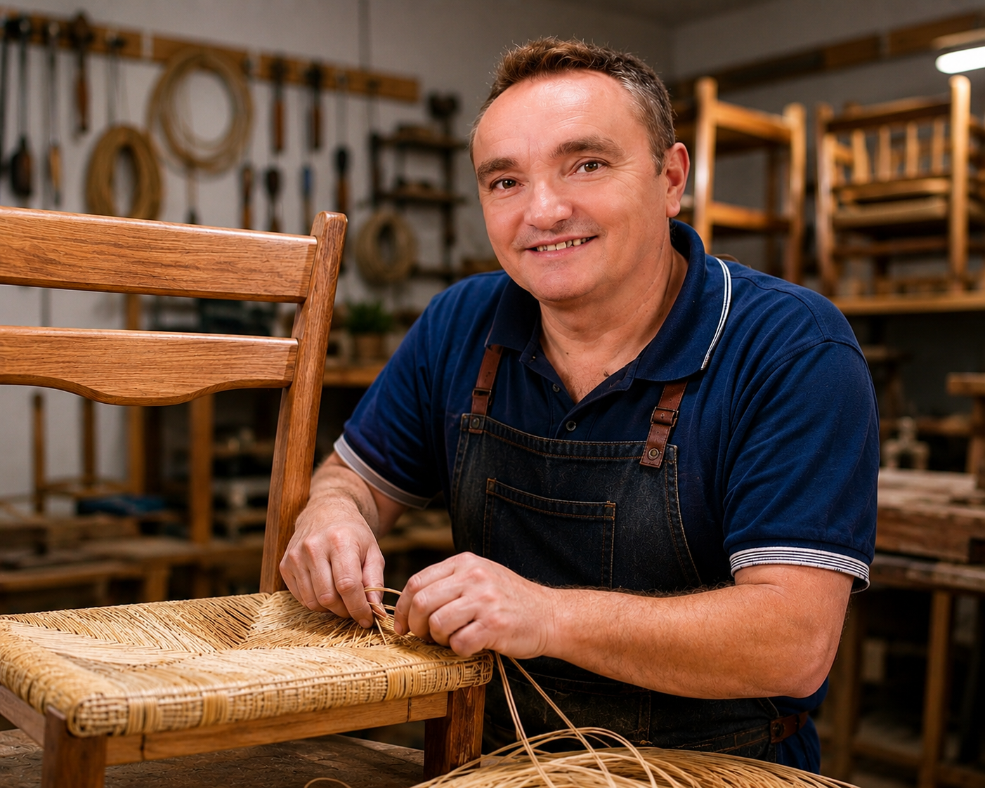 Reginaldo, artesão trabalhando em cadeira de palha